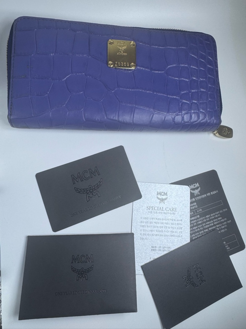 MCM Long Wallet Zip Blue Croc Leather Gold Hardware Continental Wallet Authentic